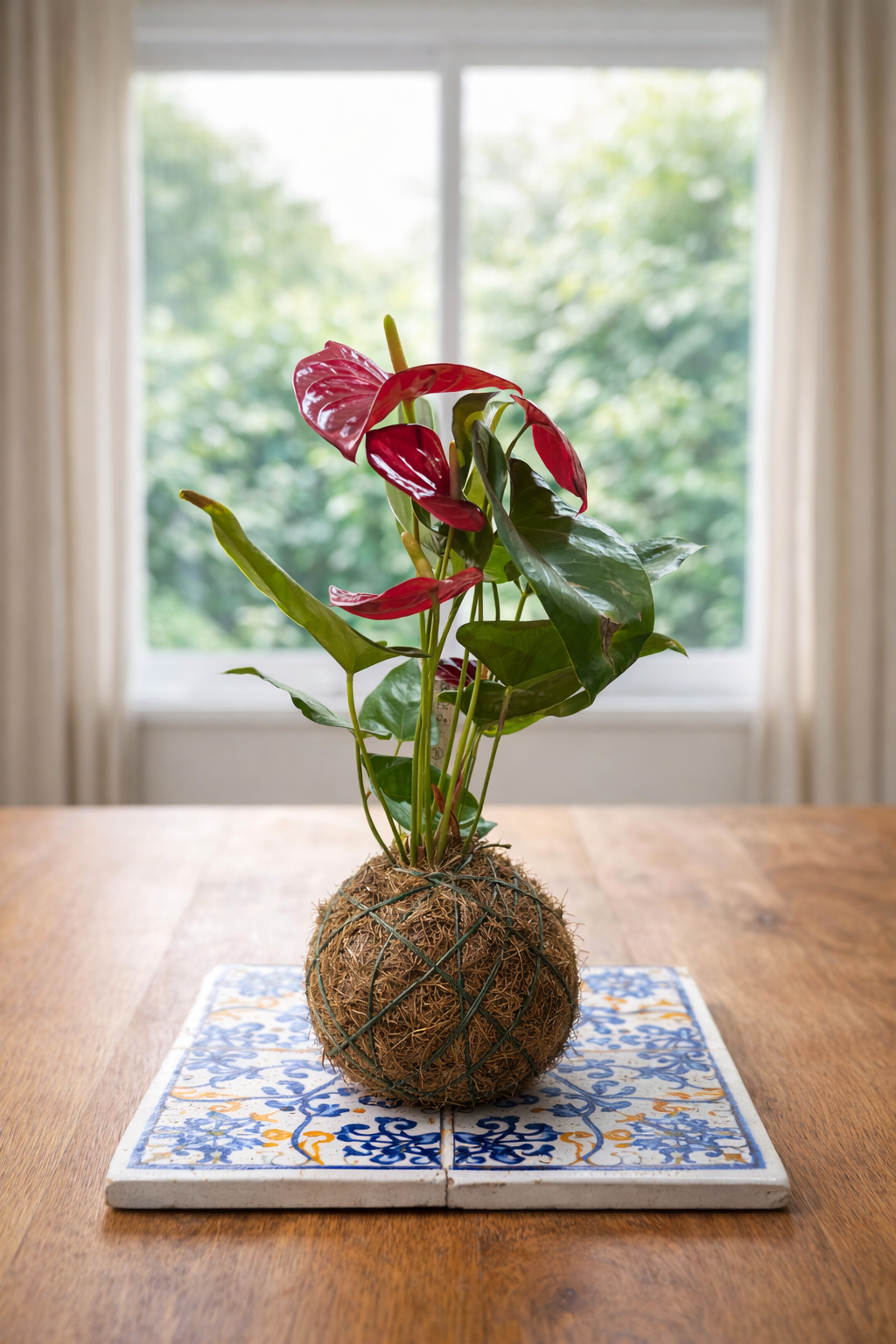 Kokedama plant on a decorative coaster with a window in the background