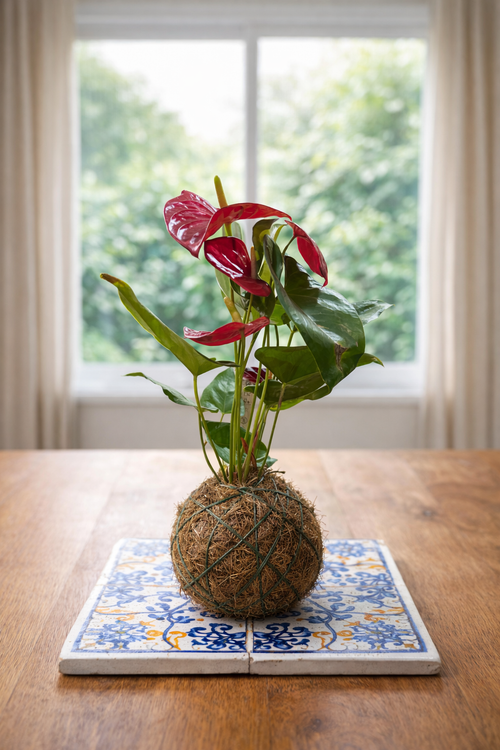 Kokedama plant on a decorative coaster with a window in the background